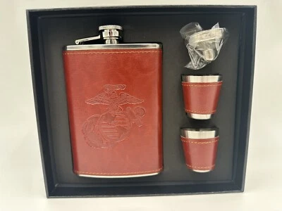 USMC Stainless Steel 8 Oz Flask Debossed Leather With 2 Shot Glasses And Filler. - Image 1 of 3