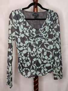 Ideology women's L lined top gray & aqua print ruffled neckline long sleeves - Picture 1 of 5