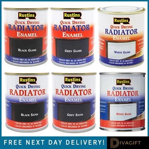 RUSTINS QUICK DRY RADIATOR ENAMEL PAINT SATIN GLOSS WHITE BLACK GREY 250ML 500ML - Picture 1 of 25