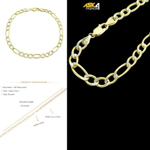 Mens Womens 10K Yellow Gold 2MM-3.5MM Diamond Cut Figaro Chain Bracelet 7" - 8" - Picture 1 of 10
