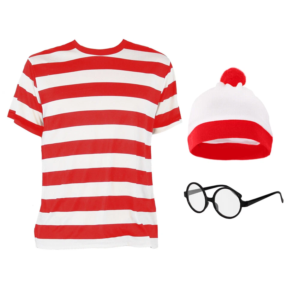 FIND ME WALLY BUCH FIGUR KOSTÜM ERWACHSENE WELTTAG DES BUCHES SHIRT HUT BRILLE - Bild 1 von 1