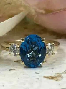3.00Ct Oval Cut Sapphire & Lab Created Diamond 14K Gold Finish Engagement Ring - Picture 1 of 9
