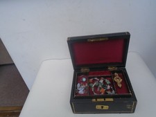 Antique silk lined jewellery box & contents including silver ring & brooch  LOOK