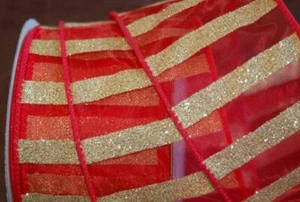 Wire Edged Red Gold Glitter Tree Wired Ribbon 2.5" wide, Christmas Bow Wreath - Picture 1 of 1