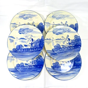 Vintage JAPAN Six (6) Snack Salad Dessert 7.5" Plates Blue/White Windmill Scene - Picture 1 of 13