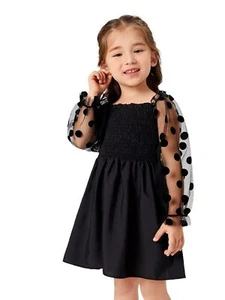 Toddler Girl's Polka Dots Mesh Flounce Long Sleeve Flared Shirred Dress Black... - Picture 1 of 5