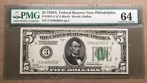 1928A $5 FRN PHILADELPHIA Fr. 1951-C / PMG 64 Ser# C 18492693 A - Picture 1 of 3