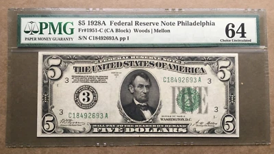 1928A  $5 FRN   PHILADELPHIA  Fr. 1951-C  /  PMG 64   Ser#  C 18492693 A - Image 1 of 3