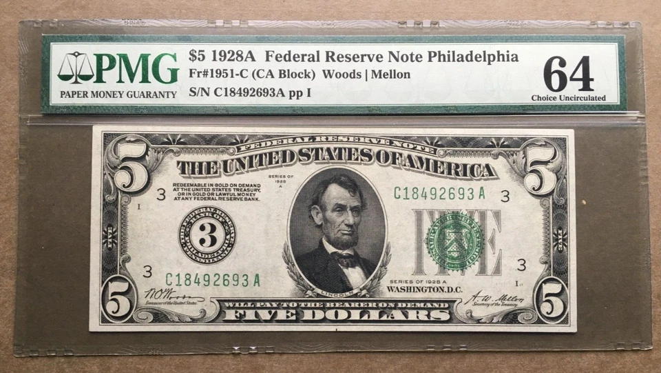 1928A  $5 FRN   PHILADELPHIA  Fr. 1951-C  /  PMG 64   Ser#  C 18492693 A - Image 1 of 3