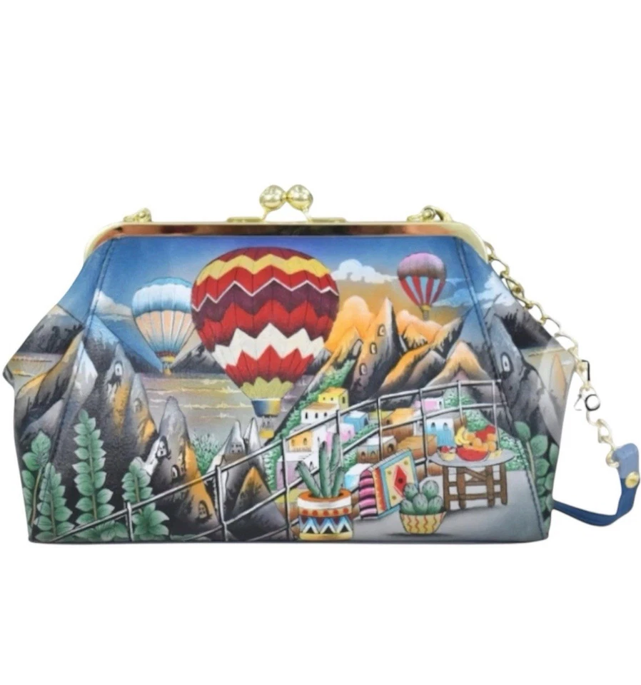 Anuschka Hand Painted Bag Purse Leather Hot Air Balloon Kiss Lock Crossbody
