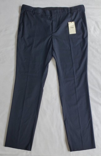 Pantalone dritto uomo FENDI Roma blu navy poliestere lana tg 58x35 senza orlo