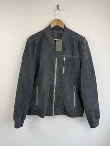 All Saints Jacket Size XXL Mens Suede Leather Blue Grey Kairo Bomber Biker Moto - Picture 1 of 9