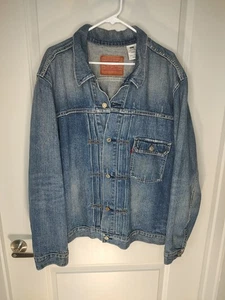 Vintage Y2K Levi’s Type One Distressed Faded Denim Slim Trucker Jacket 2XL Blank Tab - Bild 1 von 9