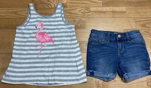 Girl's Gap & Old Navy Outfit Size 6 - Gray Flamingo Striped Tank w/Jean Shorts - Picture 1 of 8