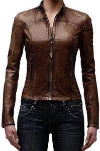 Chaqueta de cuero genuino de piel de cordero para mujer Chaqueta de motociclista ajustada -012 - Imagen 1 de 4