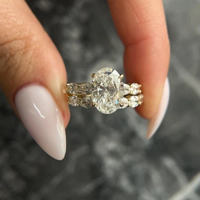 Diamond Engagement Ring Set 14K Yellow Gold IGI Oval Cut 4 Carat Lab Created  - Image 1 of 4