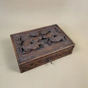 Antique Hand Carved Oriental Wooden Box Chinese Dragons Snakes Brown 3D Carvings - Picture 1 of 15