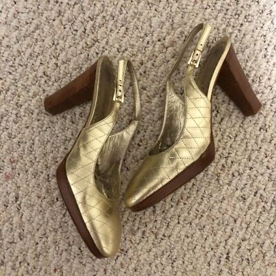 Tacones de plataforma vintage Juicy Couture dorados acolchados con tira trasera de 4" 10M hechos en Italia Foto 1 de 4