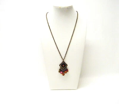 Berloque boho de bronze losango com strass laranja/colar pingente de contas penduradas - Imagem 1 de 4