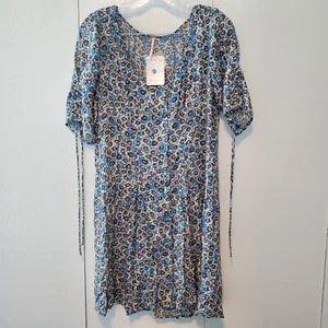 NWT Free People Blue Floral Print Dress Lace up Sleeves with Drapy Ties Size M - Picture 1 of 7