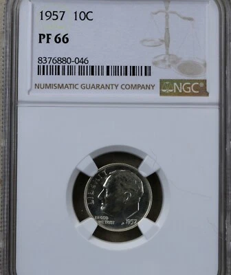 1957 Silver Proof Roosevelt dime graded by NGC PF 66 - Image 1 of 2