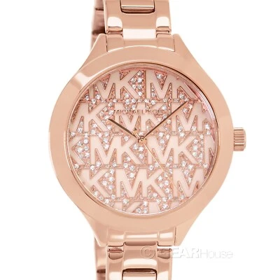 Michael Kors Slim Runway Womens Watch Pave Crystals MK Logo Dial Rose Gold Band - Image 1 of 4