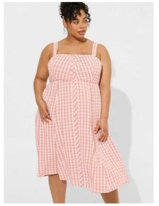 TORRID (6X 30) Midi Seersucker Button Front Peach Dress Square Neckline Smocked - Picture 1 of 13