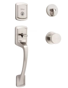 Kwikset Prague Handleset Round Pismo Door Knob & Keyed Deadbolt Satin Nickel - Picture 1 of 6