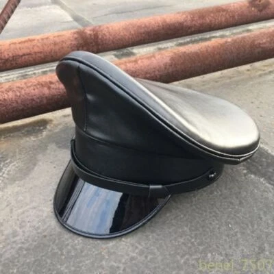 Mens Faux Leather Black Police Gay Military Army Muir Biker Peaked Caps Hat New  - Image 1 of 4