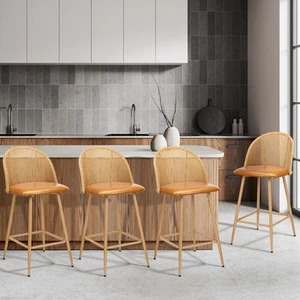 Oikiture Bar Stools Kitchen Counter Stool Rattan Dining Chair PU Brown x4 - Picture 1 of 10