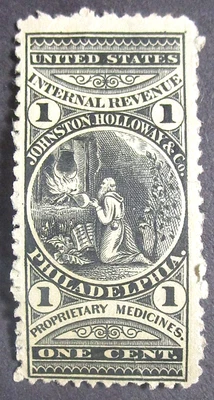 US# RS151 Johnston Holloway & Co 1 cent Proprietory Medicine stamp Silk Paper - Image 1 of 2