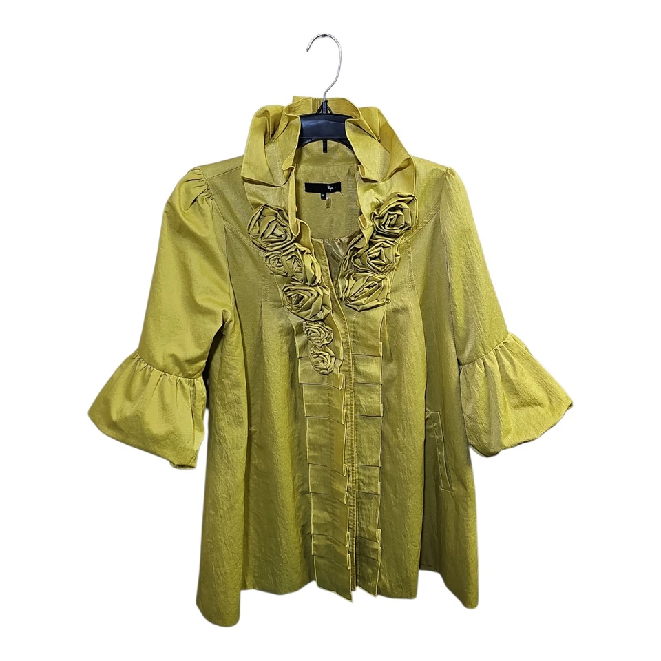 Túnica Anthropologie RYU 3D rosa babado botão frontal tamanho médio vibrante Chartreuse - Imagem 1 de 4