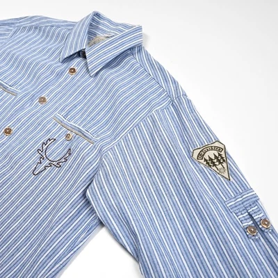 OS Trachten Shirt Mens Medium Striped Bavarian Oktoberfest Embroidered Patches - Image 1 of 4