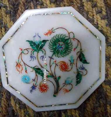 7" White Marble Tile Rare Marquetry Malachite Inlay Gemstone Home Deco Art H2806 - Image 1 of 4