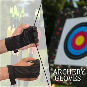 Archery 3 Fingers Tab Black Real Cow Leather Glove Arrow Guard Shooting Gloves - Picture 1 of 3