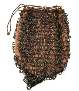 Vtg Micro Brown Metallic Sheen Bead Cinch Flapper Handmade Bag Purse Beautiful - Picture 1 of 13