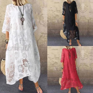 Womens Long Dress O Neck Casual Loose 3/4 Sleeve Kaftan Vintage Lace - Picture 1 of 11