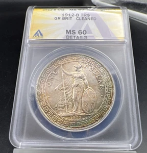 1912 B Bombay Mint Great Britain British Trade Dollar ANACS MS60 Details Toner! - Picture 1 of 9