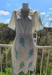 Vintage 1950s Homemade Hatch Blue Flower Embroider Cotton Dress - Picture 1 of 12
