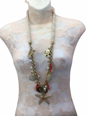 Lilly Pulitzer CHOWDAH Necklace Starfish Shells Coral Gold Tone 28" - Image 1 of 4