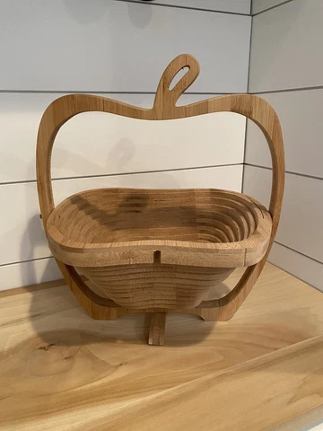 Apple Shaped Folding Collapsible Wooden Basket Fruit Veggie Bowl Decor 11.75” Cover