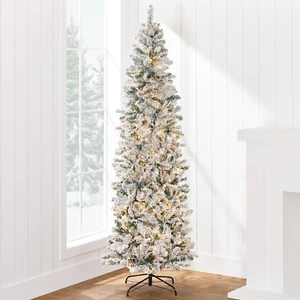 Flocked Pencil Christmas Tree, Pre-Lit Slim Artificial Holiday Decoration, 12Ft - Picture 1 of 8