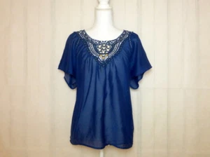 NWT Women's Olive des Olive Navy Blue Chiffon Blouse Top w White Embroidery Sz M - Picture 1 of 6
