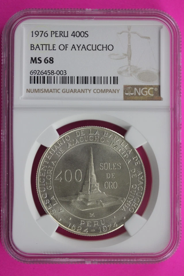 Top Pop 2 Known 1976 MS 68 Peru Battle Of Ayacucho 400S Silver Coin NGC Slab 531 - Image 1 of 3