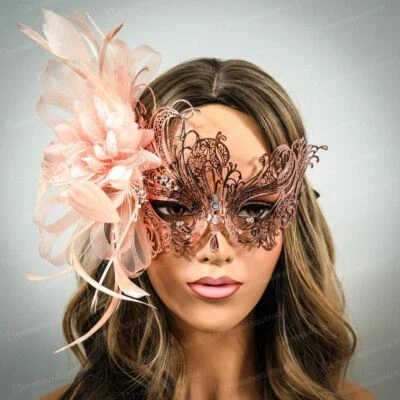 Rose Gold Swan Masquerade Masks with Feathers Masquerade Ball Prom Halloween Mas - Image 1 of 4
