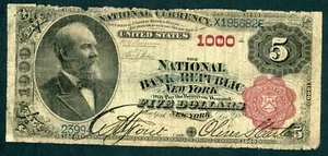 US 1885 $5 CHARTER 1000 NATIONAL BANK REPUBLIC NEW YORK CIRCULATED NOTE A40 - Picture 1 of 2