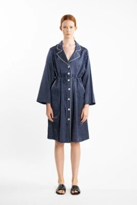 $750 Raquel Allegra Silk Cotton Blend Navy Polka Dot Athena Dress Size 1 Small - Image 1 of 4