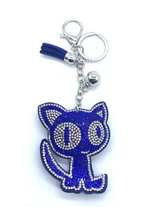 Schlüsselanhänger Glitzer Katze Kätzchen blau Diamant Silber Quaste Charm Accessoire - Bild 1 von 9