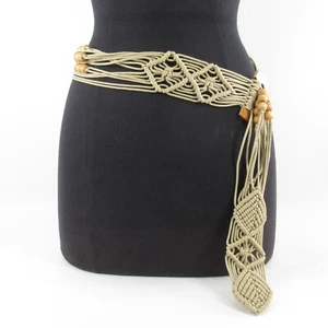 Vintage Macrame Beaded Hip Belt Women Taupe Wood Chevron  Adjustable Wood D Ring - Picture 1 of 18