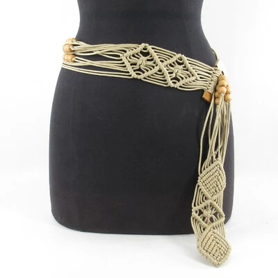 Vintage Macrame Beaded Hip Belt Women Taupe Wood Chevron  Adjustable Wood D Ring - Image 1 of 4